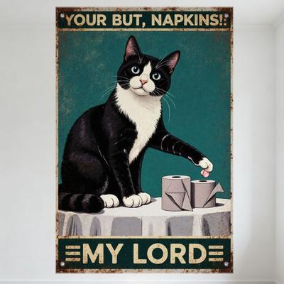 Vintage Retro Czarno-Biały Kot Znak Blaszany na Papier Toaletowy 'TWÓJ TYŁEK, SERWETKI!'!' Metalowy Plakat do Baru Pubu Dekoracja Ściany Domu 8x12 Cal