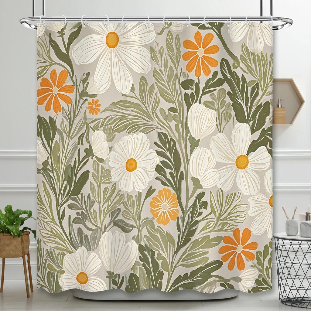 ~O~1pc Vintage Floral Shower Curtain - Water-Resistant Polyester, 12 Hooks, 71x71", Machine Washable, All-Season Pastoral Theme