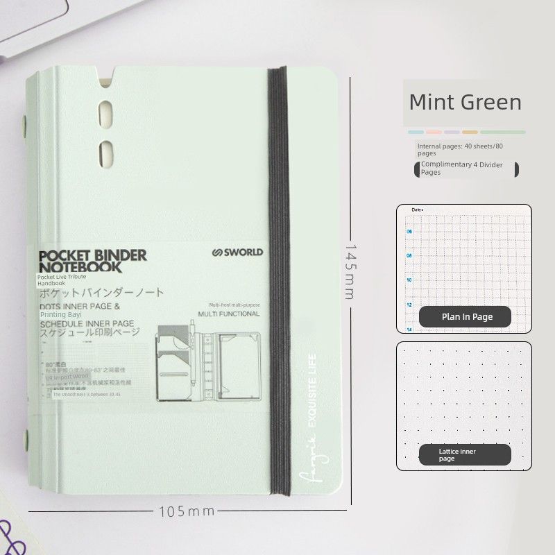 

Grade Three Class Two Loose Spiral Notebook Notebook A7 Notebook Portable Notepad Work Good-looking Carry-on Pockets Notebook Mint Green