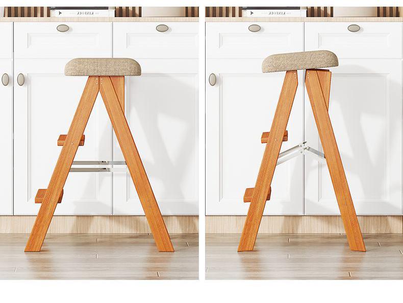 Three-Step Solid Wood Folding Ladder Stool: Multifunctional for Kitchen and Bar Use