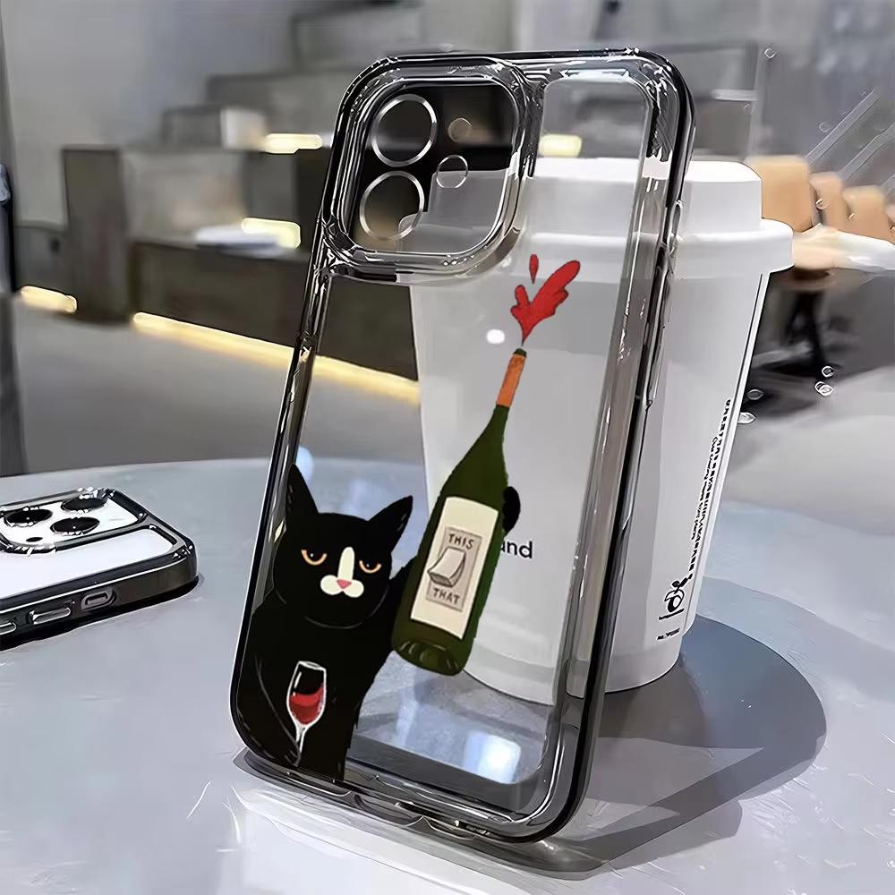 Süße Schwarze Katze Weinflasche Druck Handyhülle für iPhone 17 16 15 14 13 12 11 16E Serie Pro Max Plus Doppelschichtiger Schutz