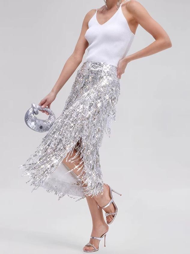 Women's Tassel Sequin Pencil Skirt with Slit - Solid Color, European & American Style