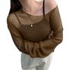 Sunscreen Cover Up Round Neck Long Sleeve Solid Color Knitting Tops Loose Fit Hollow Knitted Design Casual Tops