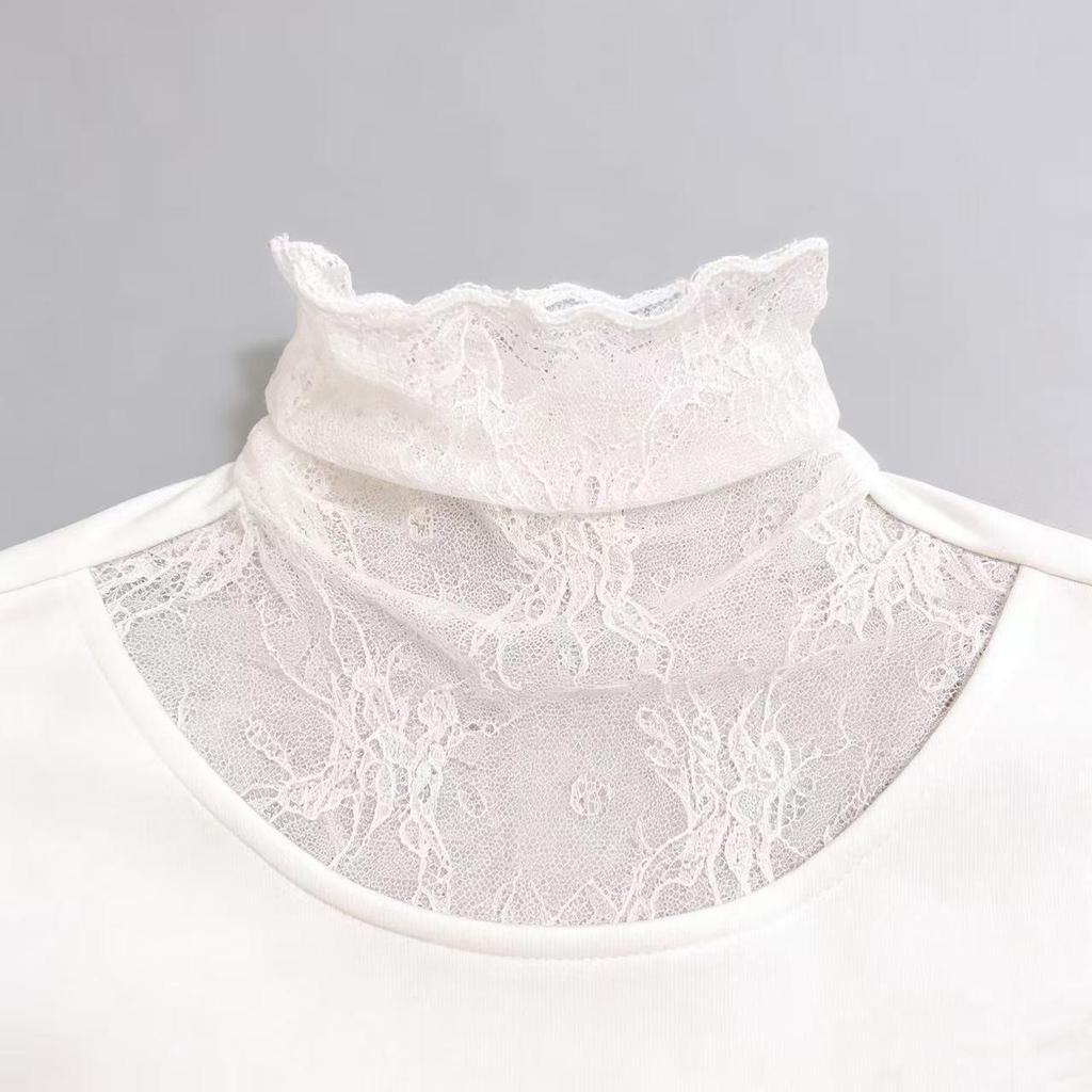 Women's Brushed Lace Base Layer Top: High Neck, Long Sleeve, Ruffled Collar, Slim Fit - Autumn/Winter Arrival