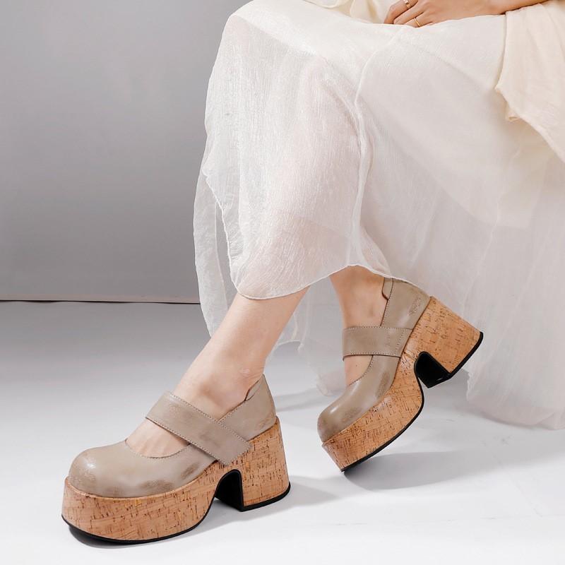 Johnature Zapatos de plataforma de mujer de moda versátiles poco profundos con punta redonda y tacones gruesos de cuero genuino retro