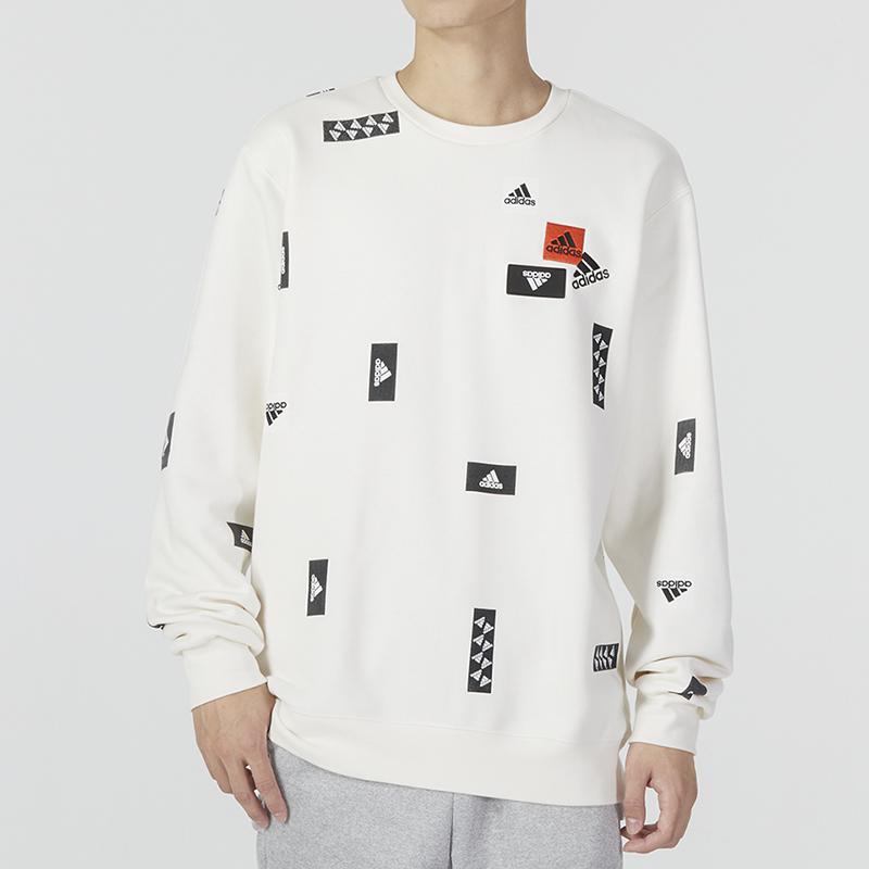 Adidas FW22 Patterned Print Crew Neck Sweatshirt Soft Casual Long Sleeve Streetwear Daily Top Men White HN8985