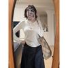 American Retro Long Sleeve Cropped T-shirt – Square Shoulder, Versatile Solid Color, Round Neck Slim Fit Base Layer for Women In Autumn.