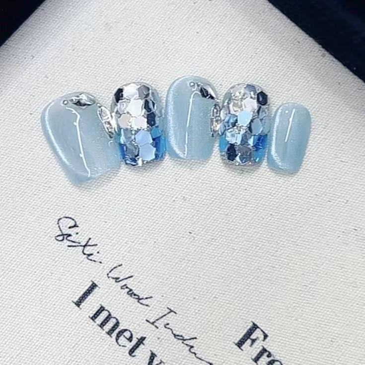 Pure Hand-made Phototherapy Wear Armor Glacier Blue Island, Finished Reusable Nail Art Patches