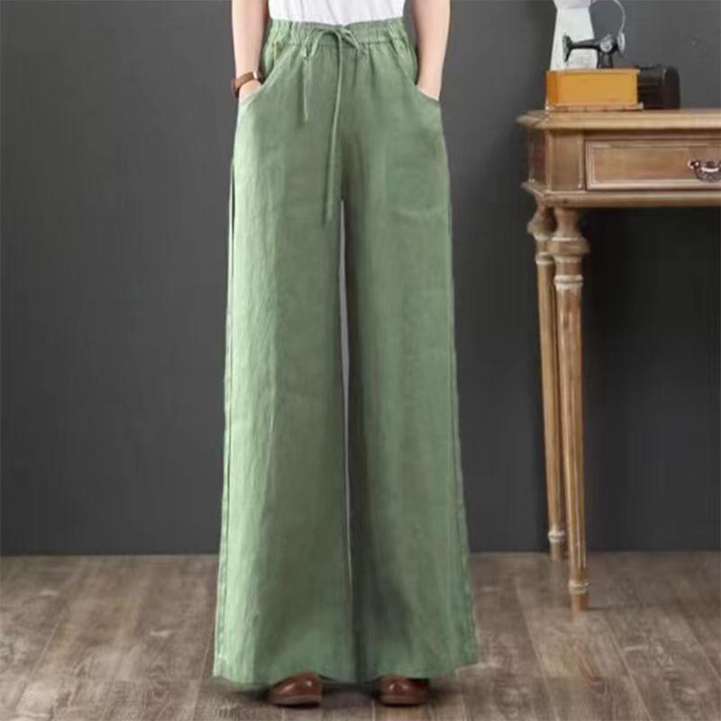 Autumn Thin Plus Size Loose Slim Drawstring Wide Leg Pants Elastic Waist Cotton Linen Versatile Long Pants for Women Trendy