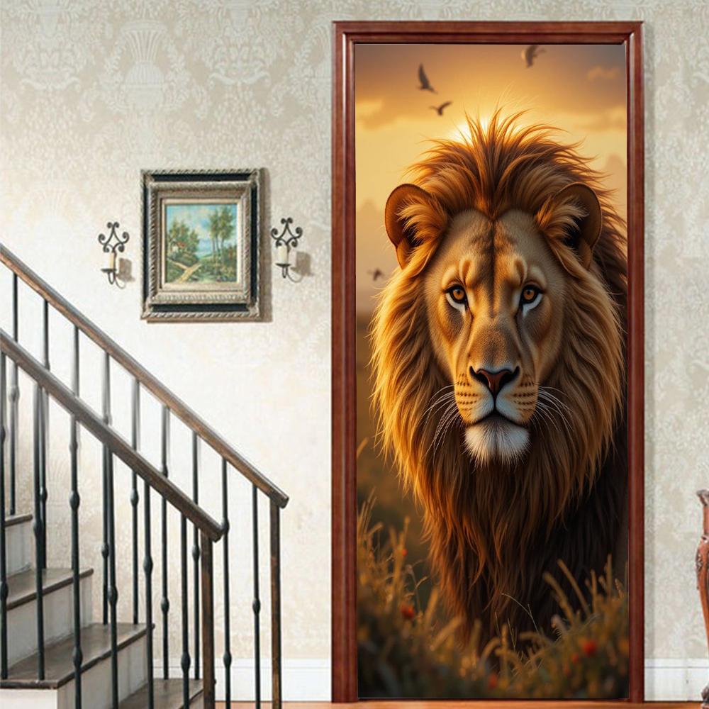 Pegatinas para puerta con diseño de león, realistas, despegables y pegables, para niños, decoración estética para sala de estar.
