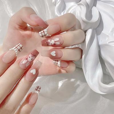 24Pcs False Nails Cute Rabbit Fake Nails Love French Nail Tips Fashion Nail Art Tools with Glue