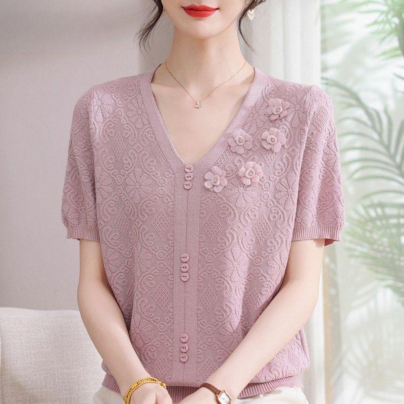 2026 Summer Ice Silk Blouse & T-Shirt Set for Moms and Seniors