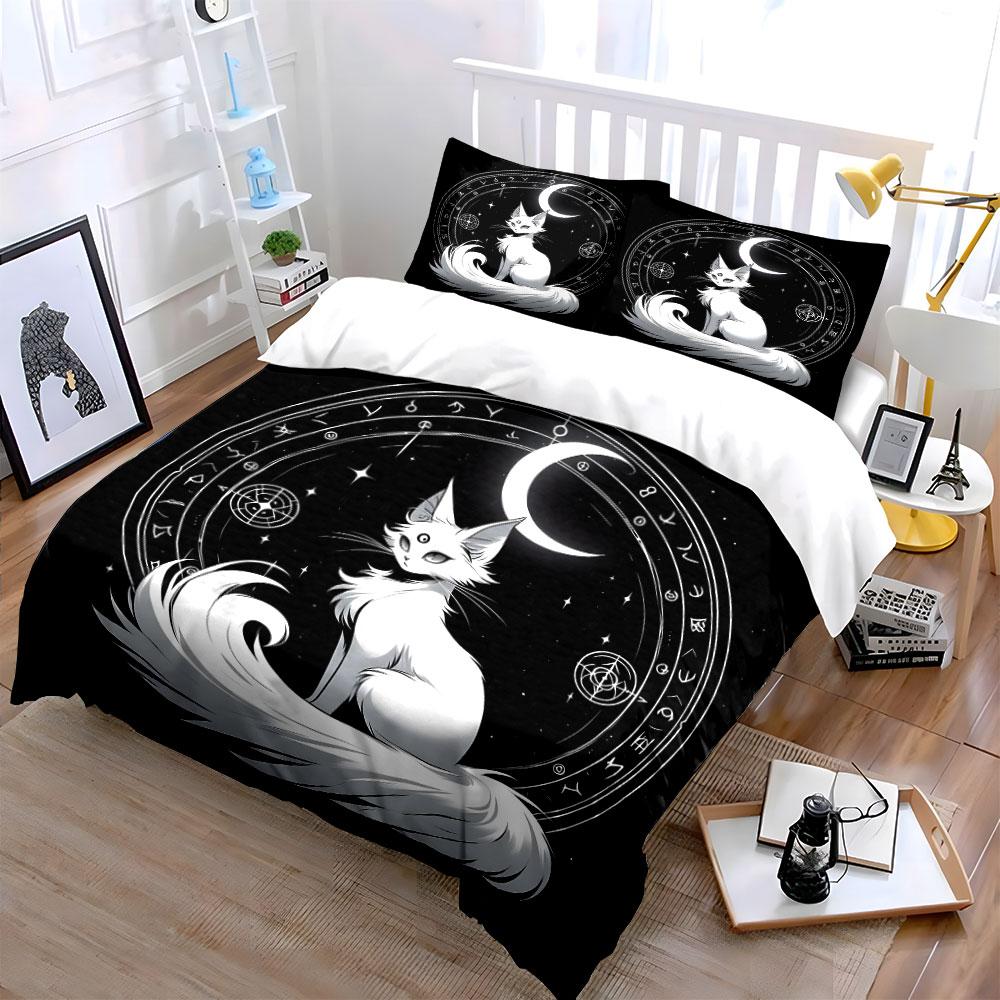 Mystic dual-moon white cat with magic circle Print Bedding Set 1 Duvet Cover 2 Pillowcases for Adult and Children Luxury Gift