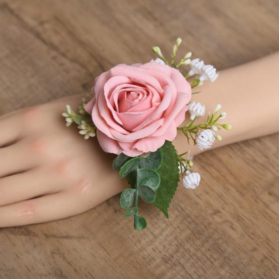 Suit Corsage Wedding Wristlet Band with Faux Pearl Embellished Simulated Roses Bride Groom Romantic Floral Accessories Prom Decoration