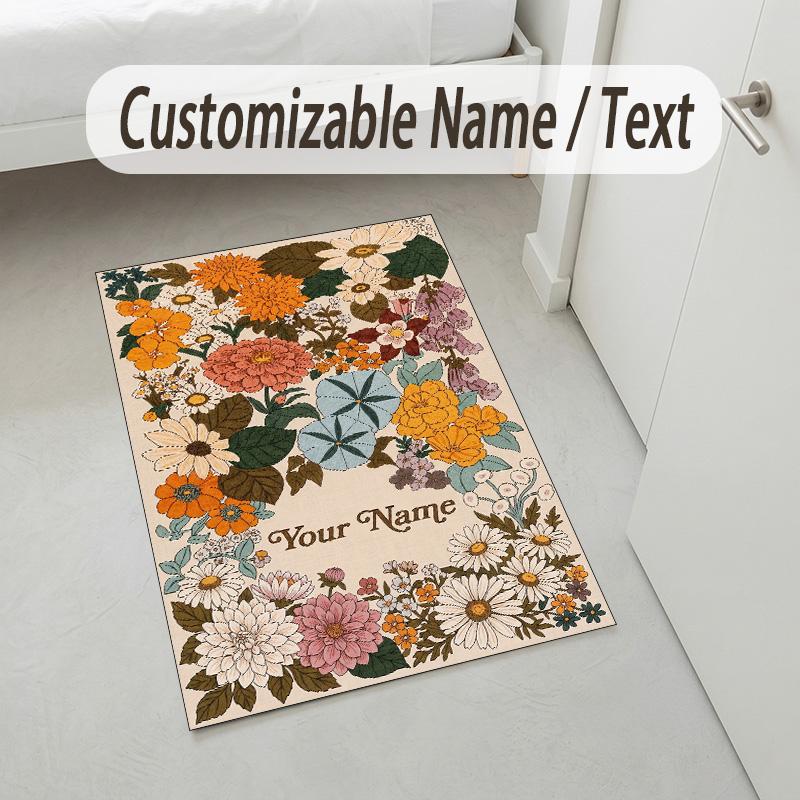 Floral Garden Theme Crystal Velvet Rug Personalized Custom Name Text Soft Floor Mat Home Decor