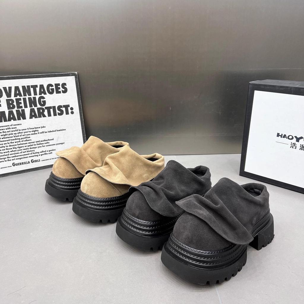 Baotou half slippers women's 2025 new ruffle edge catwalk small leather shoes small round head platform muller shoes