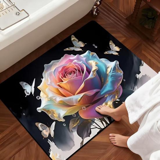Yousheng 3D Rose Bathroom Rug Realistic Rose And Butterflies Floor Mat Absorbent Non-Slip Rug for Entrance Kitchen Bedroom Living Room