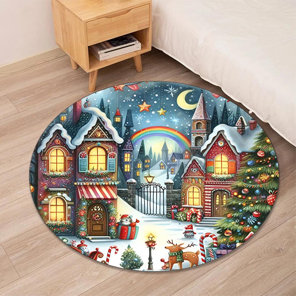 Christmas Street Printed Round Rug Carpet Chair Rug Area Rug Entryway Doormats,for Office Chair Living Room Bedroom Kitchen Room.