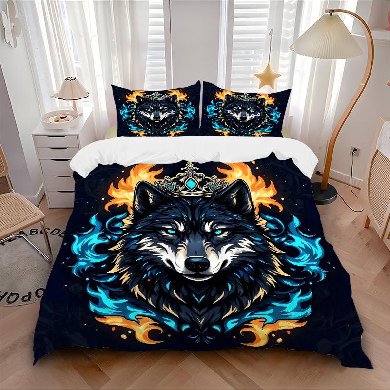 3pcs Flame Crowned Wolf Quilt Cover Set (1 Quilt Cover + 2 Pillowcases Without Pillow Core), High-Definition Printing for Home and Dormitory.J048
