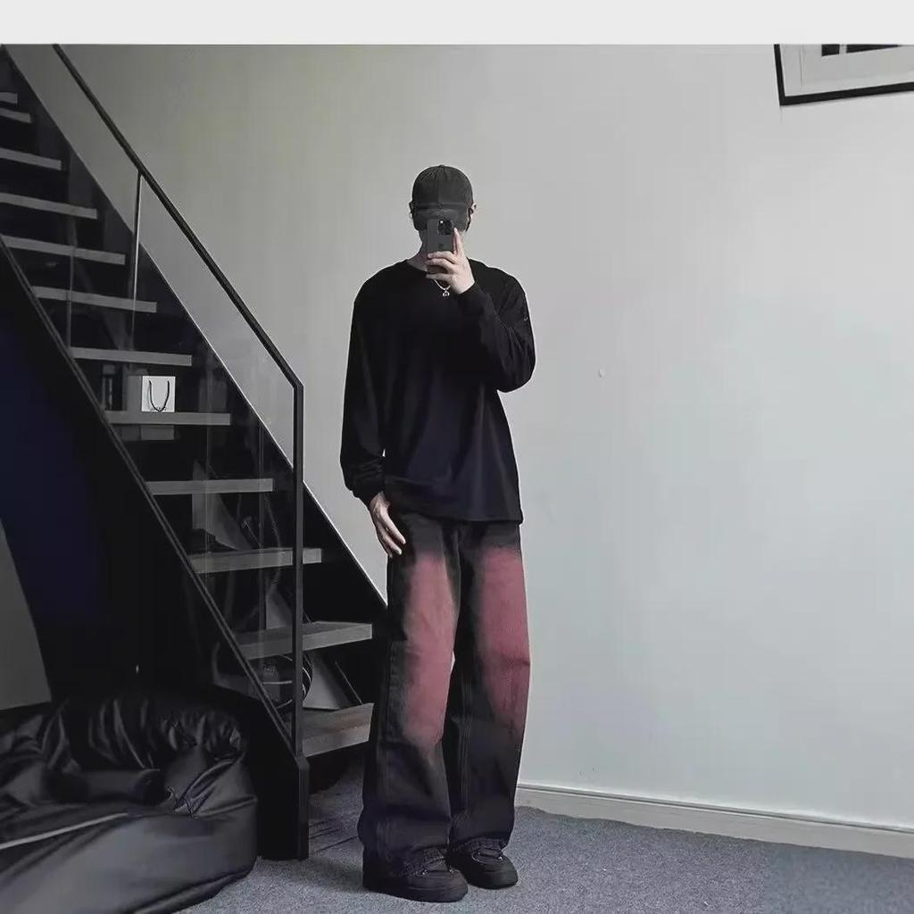 Men's Black & Pink Gradient Flared Jeans – Loose, Handsome, Comfortable High Street American Hip-Hop Style.