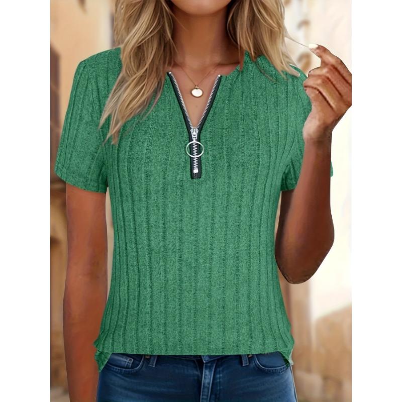 Ladies' Casual and Elegant Zipper Short Sleeved T-shirt Suitable for Casual Wear In Spring, Summer, and Autumn