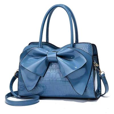 Damen Lackleder Glänzend Schleife Handtasche, Krokodilprägung Oberer Griff Satchel, Abnehmbarer Riemen Umhängetasche Schultertasche