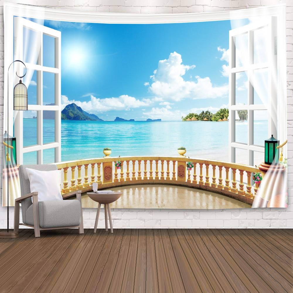 Wall Hanging Living Room Bedroom Window Natural Landscape Beach Large  Covering Decoration Tapestry Background Cloth Bedside