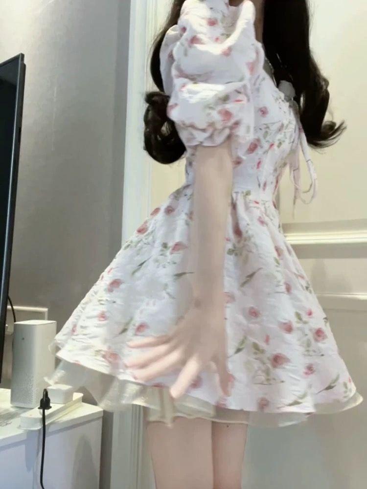 First Love Sweet Floral Dress Women's Summer New Waist Skinny Small Fresh Running Princess Fluffy Short Dress