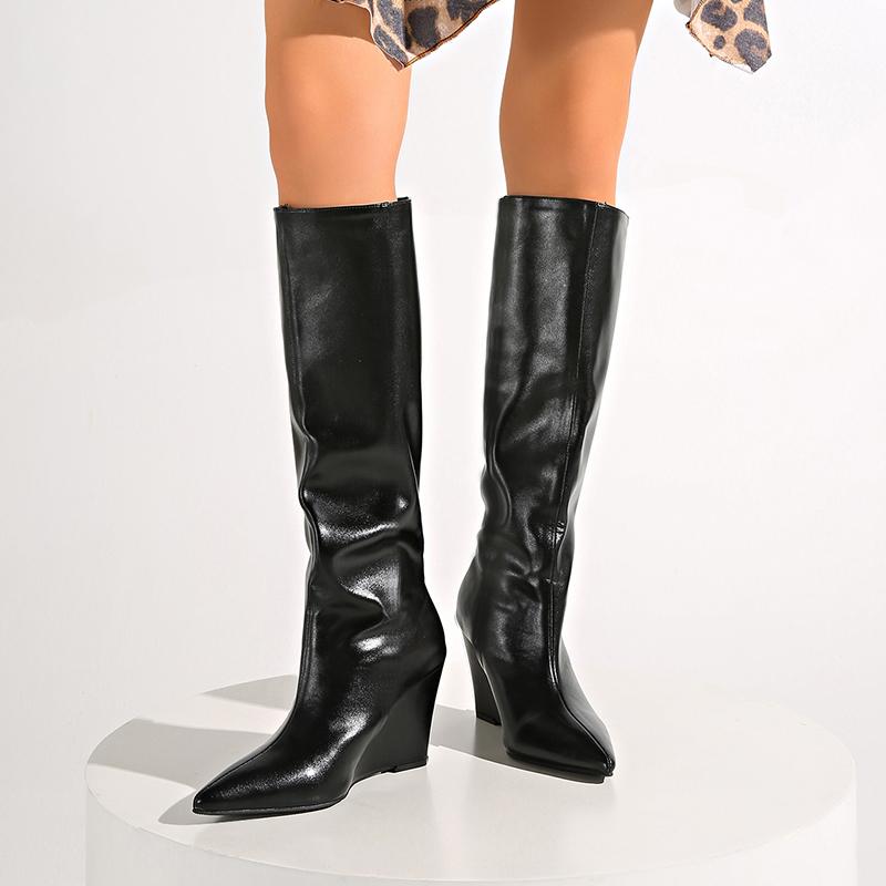 Fashion Sexy Super High Heel Black Long Chelsea Boots Women 2025 New Pointed Toe Wedge Heel Knee-High Boots Designer Shoes Autumn Winter