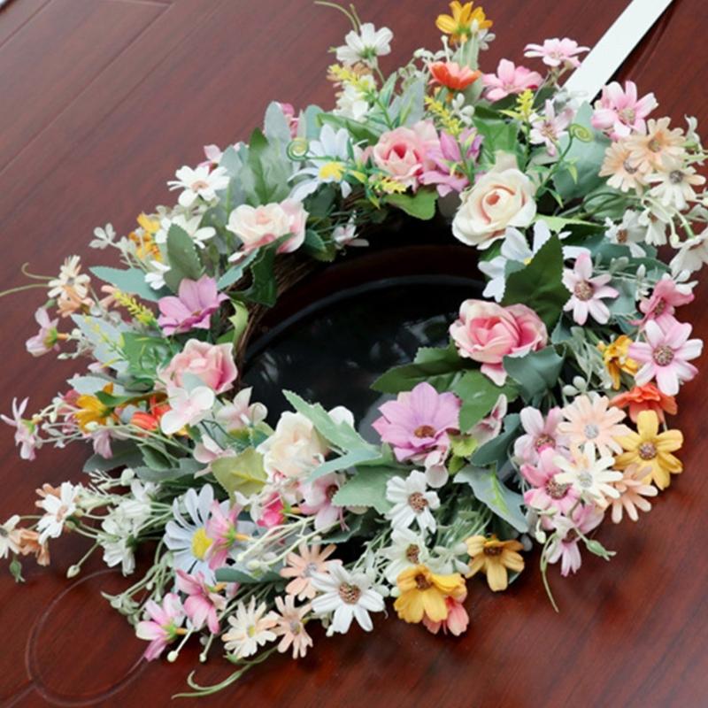 Corona de Flores Artificiales de Verano de 17.7 Pulgadas con Varios Tipos de Flores para Decoración de Puerta o Pared