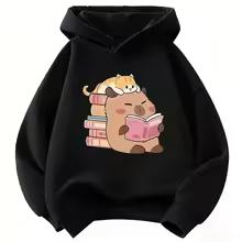 Fall Children's Hooded Sweatshirt-cute Cat Pattern Loose and Soft Breathable Korean-style Pullover Sweatshirt for Boys and Girls