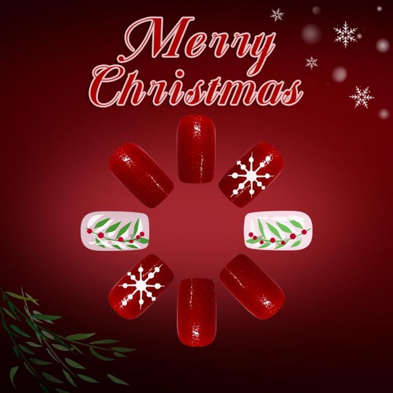 Festive Red Glitters White Snowflake Artificial Nail 24PCS Press On Nail For Christmas Event And Gatherings Decors