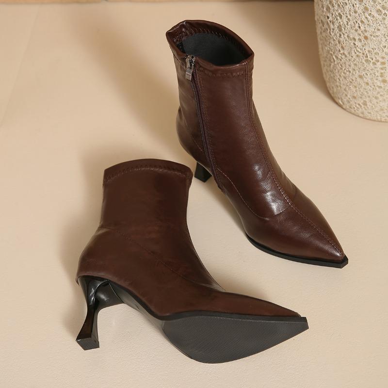 2026 New Autumn Winter Women Ankle Boots 22-24.5cm Elastic Fabric Pointed Toe  Short Boots High Heel Back Zip Skinny Boots