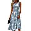 Sleeveless Casual Dress for Women Round Neck Midi Length Lightweight Summer Dress with Tropical Leaf Print Pattern