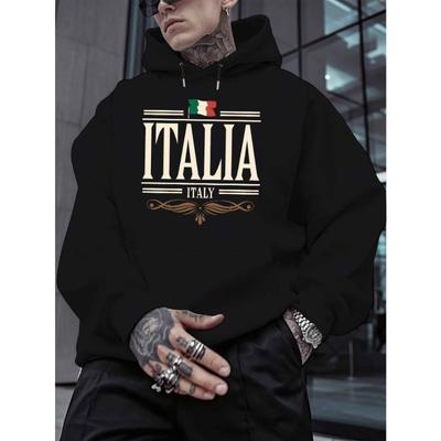 Italian New Fashion Men's Printed Autumn and Winter Fleece Sweater, Spring and Autumn Versatile Loose Hooded Trendy Sweater, Plus Size