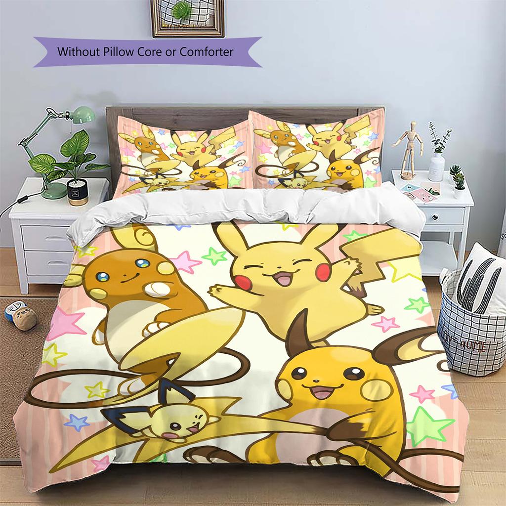 Pościel z Wzorem Pokémonów Dekoracja Domu Prezent Urodzinowy (1 * poszwa na kołdrę + 2 * poszewki na poduszki, bez rdzenia)