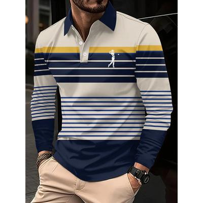 Men's Long-sleeved Striped Polo Shirt, Men's High Tie Button, Double-sided German Velvet Shirt for Winter