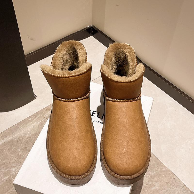 Large Size Winter New Women's Thick-soled Snow Boots Short Tube Piled and Thickened Waterproof Leather Thermal Cotton Boots