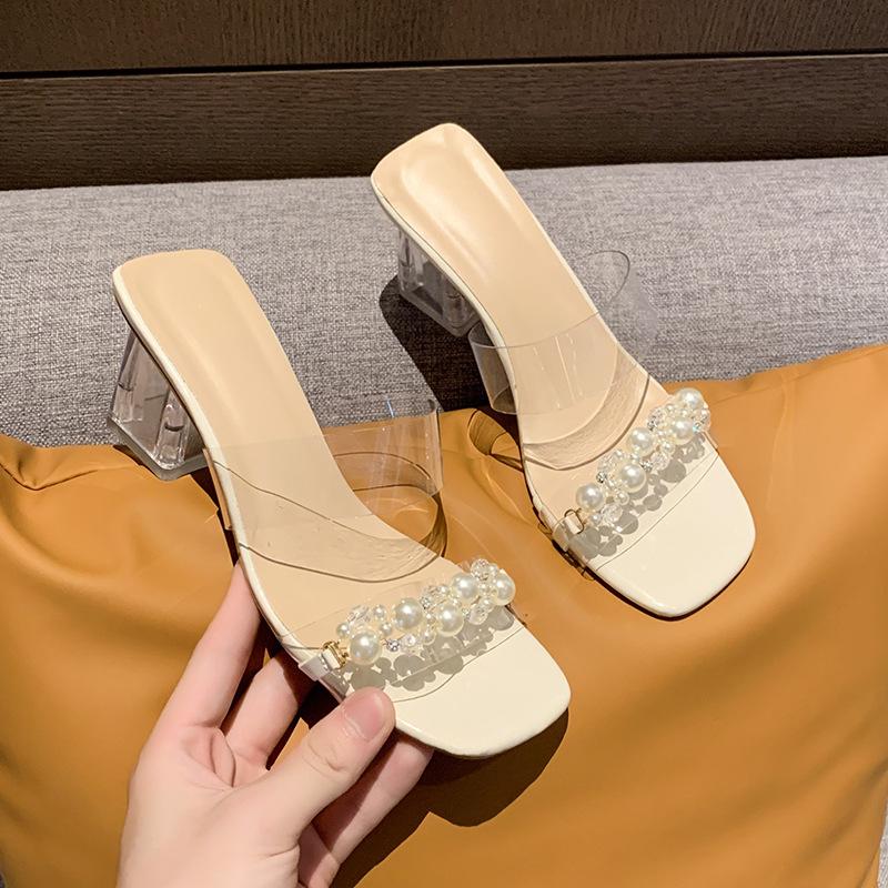 

Летние новые модные повседневные сандалии с квадратным носком и прозрачными ремешками, женские туфли на высоком каблуке, хрустальный толстый каблук, крутые шлепанцы 40