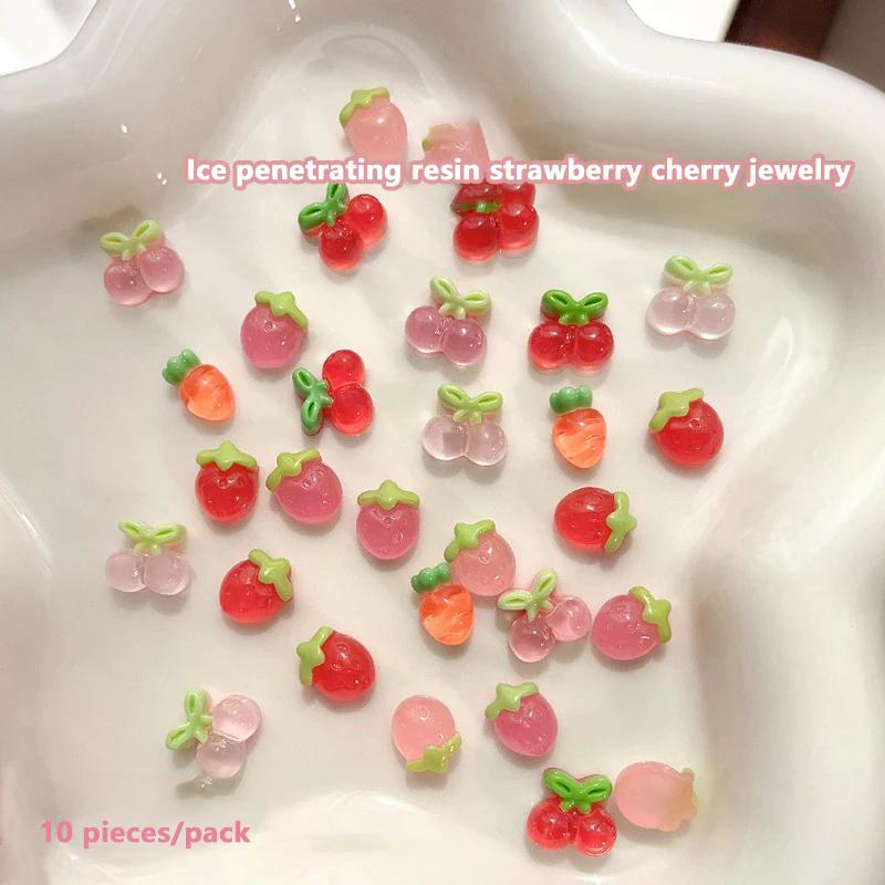 10pcs Resin Mini Cherry Strawberry Nail Art Flat Back Stone Figurines Scrapbook DIY Jewelry Decor Crafts