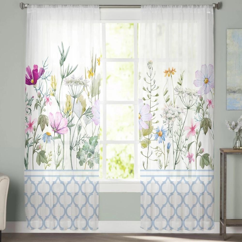 Blue Morocco Flower Wildflower White In Sheer Drapes for Living Room Bedroom Kitchen Window Treatment Chiffon Curtain