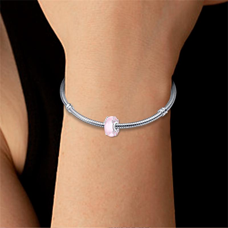 925 Silver Charms Bead Luminous Pink Glass Dangle Fit Original Bracelet DIY Women Jewelry Gift