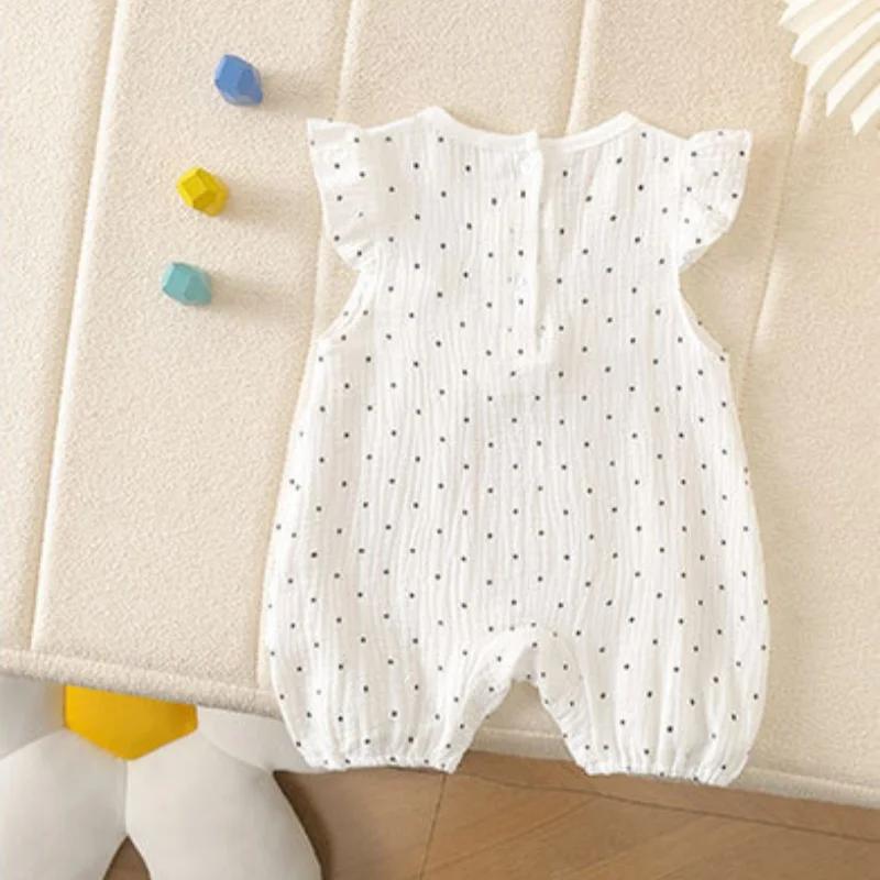 Yaz Bebek Giysileri Kız Noktalı Fiyonklu Tulum 0-24 Ay Yenidoğan %100 Pamuk O-Yaka Fırfırlı Kol Tek Parça Bodysuit