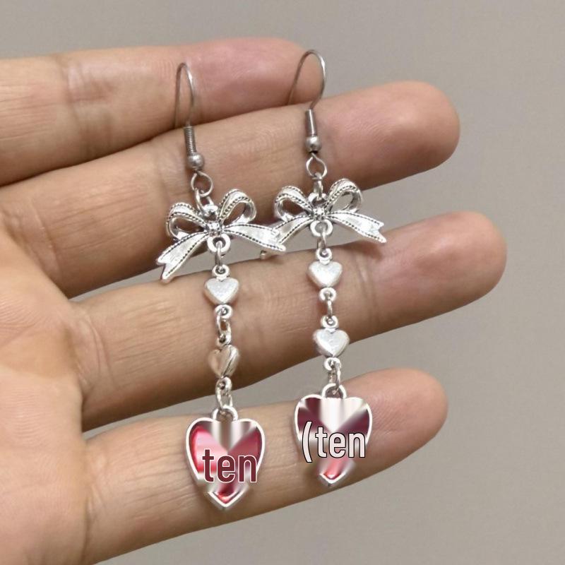 Gothic Heart-to-Heart Black and Red Silver Bow Earrings