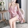 Pajamas women's spring and autumn satin ice silk nightgown summer pure desire wind v tie chest pad suspender nightdress two-piece set