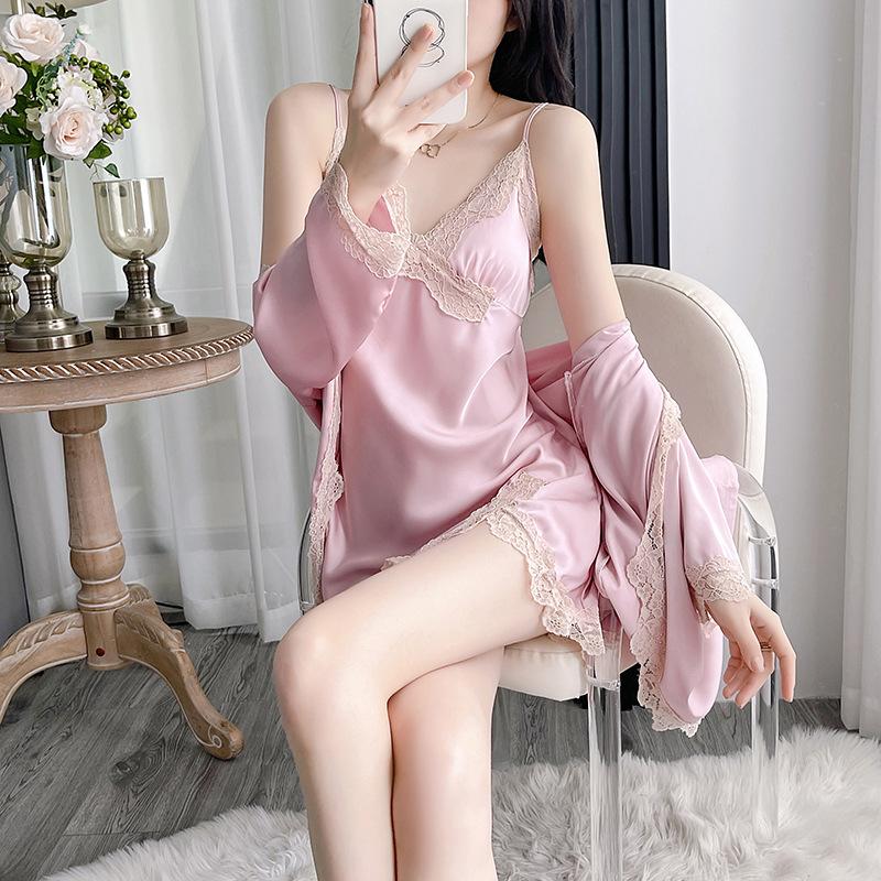 Pajamas women's spring and autumn satin ice silk nightgown summer pure desire wind v tie chest pad suspender nightdress two-piece set
