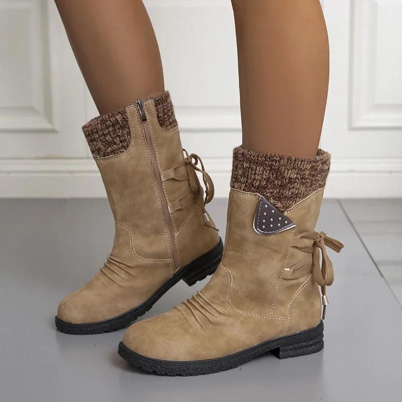 Gestrickte Mid-Calf-Stiefel mit niedrigem Absatz, Schnürung hinten, Reißverschluss an der Seite, Schuhe mit runder Zehenpartie, Damenschuhe
