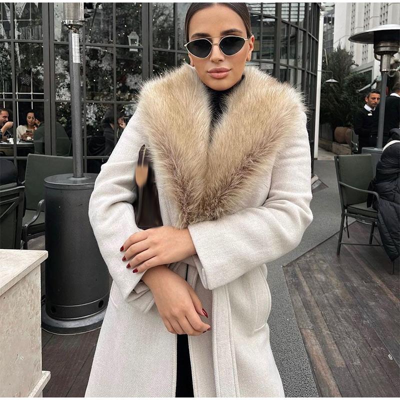 Elegante cappotto lungo con revers in pelliccia da donna con lacci, manica lunga, tascabile, in lana, lungo soprabito 2025, nuovo capospalla da donna di alta moda