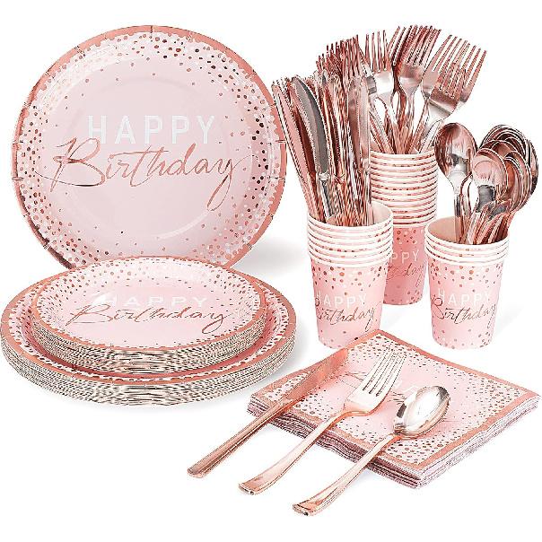175PCS Happy Birthday Plates and Napkins Party Supplies, Paper Pink and Rose Gold Plastic Forks Knives Spoons Serve 25 Guests for Girl Women