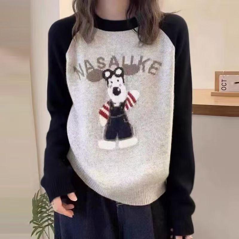 

Autumn/Winter 2025 Alphabet Cartoon Korean Edition Color Contrasting Loose Knitwear Women s Top Round Neck Sweater Bottom Shirt One Size чёрный